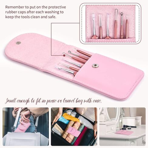 أداة إزالة الرؤوس السوداء، 6 قطع من أداة إزالة البثور من TsMADDTs، أداة إزالة حب الشباب لوجه الأنف مع حقيبة جلدية محمولة (ذهبي وردي) in Kuwait