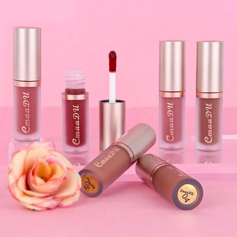 evpct CmaaDu 6Pcs Lipstick Matte Liquid Lipstick Lipgloss Set for Women, Dark Deep Bright Ruby Sexy Brick Red Mauve labiales mate 24 horas originales matte larga duracion 24 Hour Lipstick Long Lasting in Kuwait