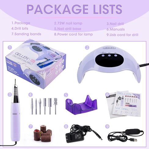Gellen UV LED Nail Lamp With Electric Nail Drill, 72W UV Light Nail Dryer For Nails, Nail Files For Acrylic Nails Professional Gel Nail Polish Curing Lamp With Sensor 3 Timers Nail Art Manicure Tools in Saudi Arabia