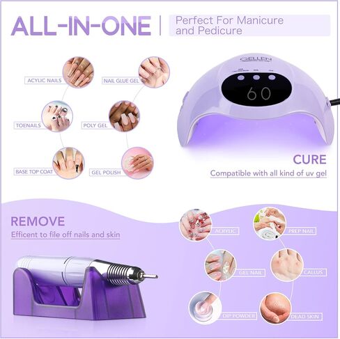 Gellen UV LED Nail Lamp With Electric Nail Drill, 72W UV Light Nail Dryer For Nails, Nail Files For Acrylic Nails Professional Gel Nail Polish Curing Lamp With Sensor 3 Timers Nail Art Manicure Tools in Saudi Arabia