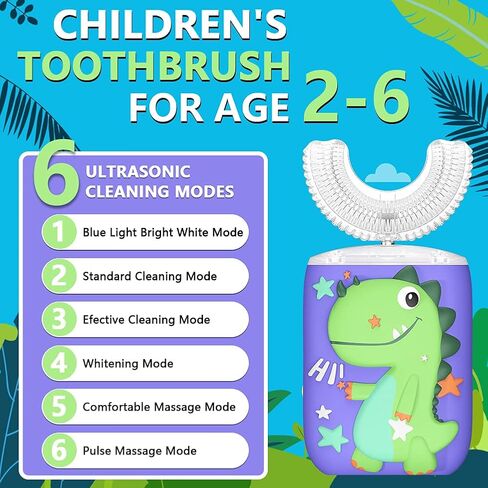 Kids Electric Toothbrush, U Shaped Ultrasonic Automatic Toothbrushes Unicorn Design with Six Modes Smart Timer Replacement Brush IPX7 Waterproof Auto Toothbrush for Toddler 360 Oral Cleaning in Saudi Arabia