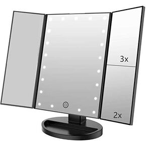 3 Folds Lighted Vanity Makeup Mirror,1X/2X/3X Magnification, 21 LED Light Bright Table Mirror with Touch Screen,180 Adjustable Rotation,Portable Travel Cosmetic Mirror