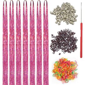 Black Hair Tinsel Kit: 48 Inches 7Pcs 2100 Sparkling Strands Glitter Tinsel Hair Extensions with Tools - Fairy Heat Resistant Hair Tinsel Accessories for Women Girls Kids