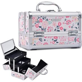 Joligrace Makeup Box Cosmetic Train Case Jewelry Organizer Lockable with Keys and Mirror 2-Tier Tray Portable Carrying with Handle Travel Storage (Classic Silver)