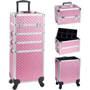 Adazzo 4 in 1 Rolling Makeup Case Cosmetic Train Case Trolley Roll Travel Box for Makeup Artist, Hairstylists, Nail Tech Makeup Cart with Key Swivel Wheels Barber Case Traveling Trunk Black