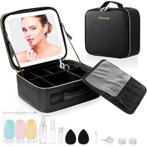 حقيبة مكياج ميليشو مع مرآة 3 ألوان إضاءة للسفر وحقيبة مكياج لتنظيم مستحضرات التجميل وحقيبة تخزين المكياج المحمولة مع منظم تخزين فرش المكياج - أسود in Kuwait