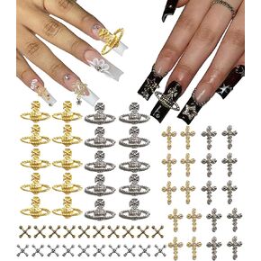 60Pcs Planet Nail Charms Cross Chrome Nail Charms for Acrylic Nails Gold and Silver 3D Y2K Kawaii Nail Jewelry DIY Nail Art Decoration Supplies Mental Nail Gems for Women and Girls, Silver and Gold