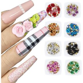 8 Boxes Nail Art 3D Rose Rhinestones Set, Mixed Gems Metal Flower Charms Pearl for Acrylic Nail Tips Design False Nail Supplies Women Girl Manicure Decoration DIY Craft Acessory in Saudi Arabia