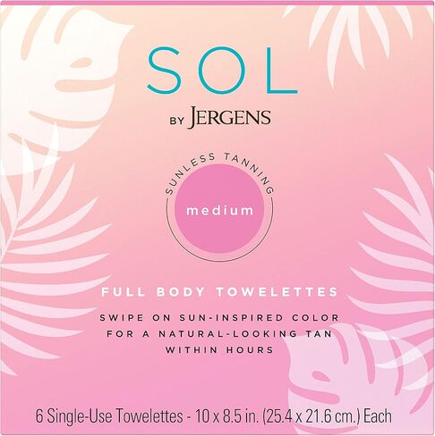 مناديل تسمير ذاتي للجسم بالكامل من جيرجنز، مناديل مبللة لتسمير البشرة بدون شمس ذات مظهر طبيعي بدون شمس، 6 قطع، مغمورة بماء جوز الهند وفيتامين E، لون مستوحى من الشمس في 4 ساعات in Kuwait