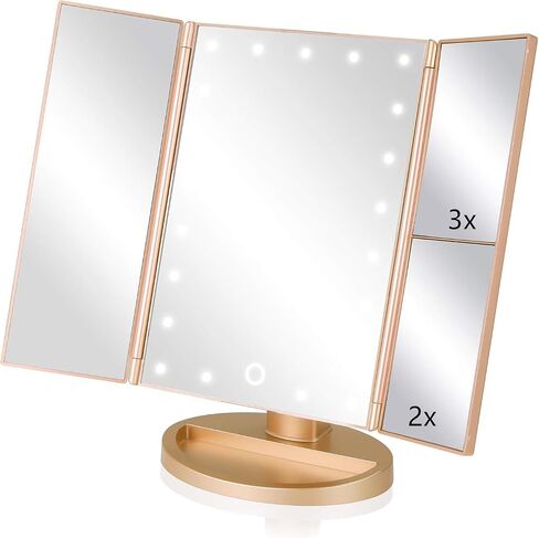 3 Folds Lighted Vanity Makeup Mirror,1X/2X/3X Magnification, 21 LED Light Bright Table Mirror with Touch Screen,180 Adjustable Rotation,Portable Travel Cosmetic Mirror in Saudi Arabia