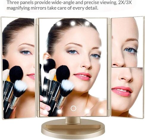 3 Folds Lighted Vanity Makeup Mirror,1X/2X/3X Magnification, 21 LED Light Bright Table Mirror with Touch Screen,180 Adjustable Rotation,Portable Travel Cosmetic Mirror in Saudi Arabia