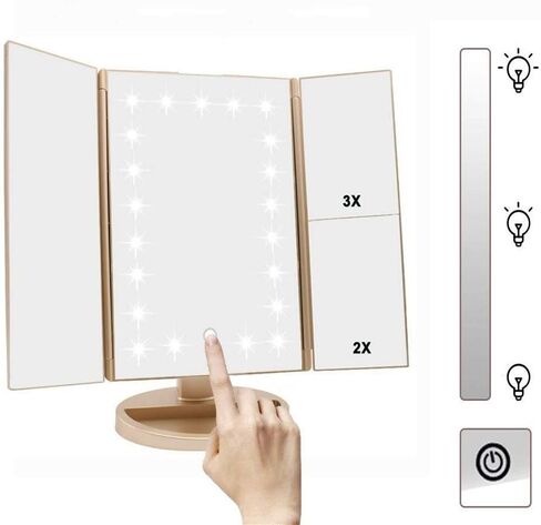 3 Folds Lighted Vanity Makeup Mirror,1X/2X/3X Magnification, 21 LED Light Bright Table Mirror with Touch Screen,180 Adjustable Rotation,Portable Travel Cosmetic Mirror in Saudi Arabia