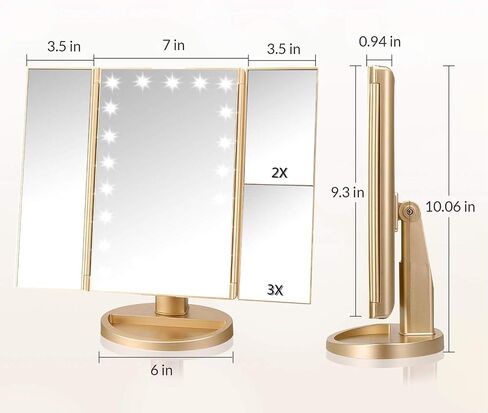 3 Folds Lighted Vanity Makeup Mirror,1X/2X/3X Magnification, 21 LED Light Bright Table Mirror with Touch Screen,180 Adjustable Rotation,Portable Travel Cosmetic Mirror in Saudi Arabia