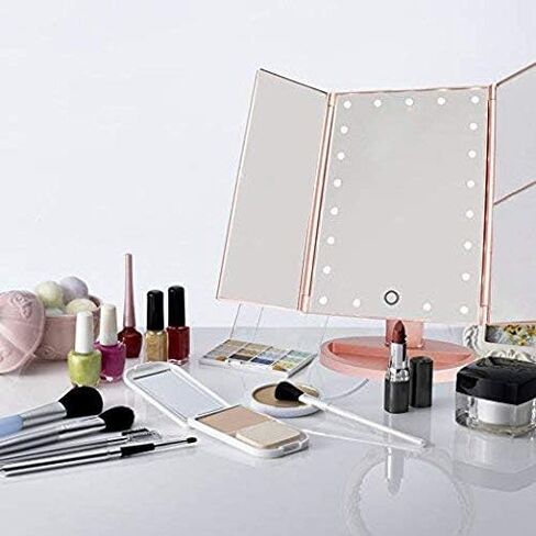 3 Folds Lighted Vanity Makeup Mirror,1X/2X/3X Magnification, 21 LED Light Bright Table Mirror with Touch Screen,180 Adjustable Rotation,Portable Travel Cosmetic Mirror in Saudi Arabia