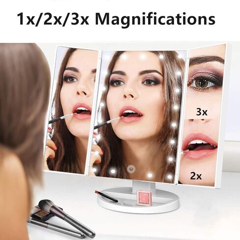 3 Folds Lighted Vanity Makeup Mirror,1X/2X/3X Magnification, 21 LED Light Bright Table Mirror with Touch Screen,180 Adjustable Rotation,Portable Travel Cosmetic Mirror in Saudi Arabia