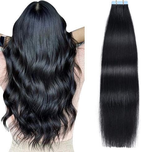 SUYYA Kinky Straight Tape in Extensions Natural Black Tape in Hair Extensions Human Hair Kinky Straight 12 Inch Skin Weft 40g/Pack 20PCS Tape INS for Women(#1B Natural Black) in Saudi Arabia