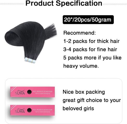 SUYYA Kinky Straight Tape in Extensions Natural Black Tape in Hair Extensions Human Hair Kinky Straight 12 Inch Skin Weft 40g/Pack 20PCS Tape INS for Women(#1B Natural Black) in Saudi Arabia