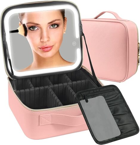 Makeup Travel Bag with LED Lighted Mirror,Makeup Travel Train Case with Adjustable Divider,Makeup Bag with Mirror and light Cosmetic Bag for Makeup Brushes,Tool Case,Gifts,Women in Saudi Arabia
