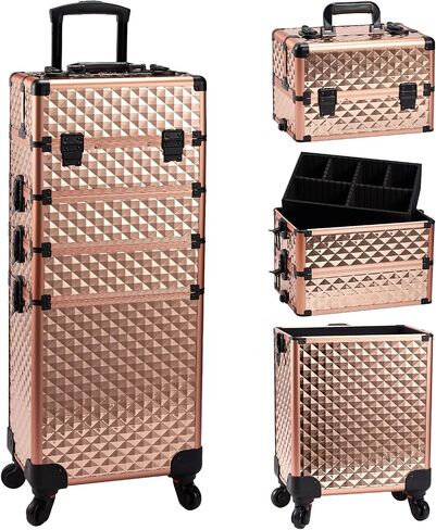 Adazzo 4 in 1 Rolling Makeup Case Cosmetic Train Case Trolley Roll Travel Box for Makeup Artist, Hairstylists, Nail Tech Makeup Cart with Key Swivel Wheels Barber Case Traveling Trunk Black in Saudi Arabia