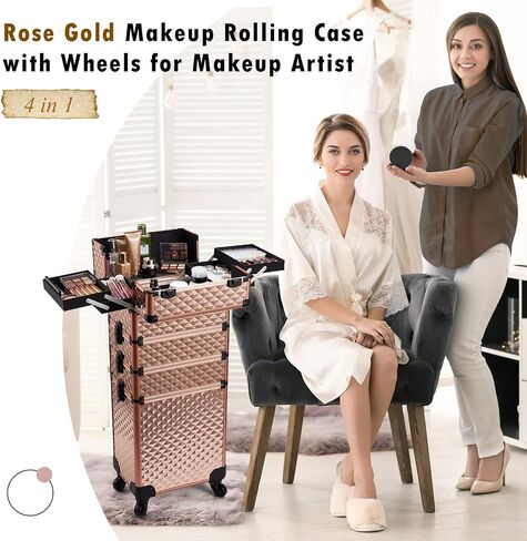 Adazzo 4 in 1 Rolling Makeup Case Cosmetic Train Case Trolley Roll Travel Box for Makeup Artist, Hairstylists, Nail Tech Makeup Cart with Key Swivel Wheels Barber Case Traveling Trunk Black in Saudi Arabia
