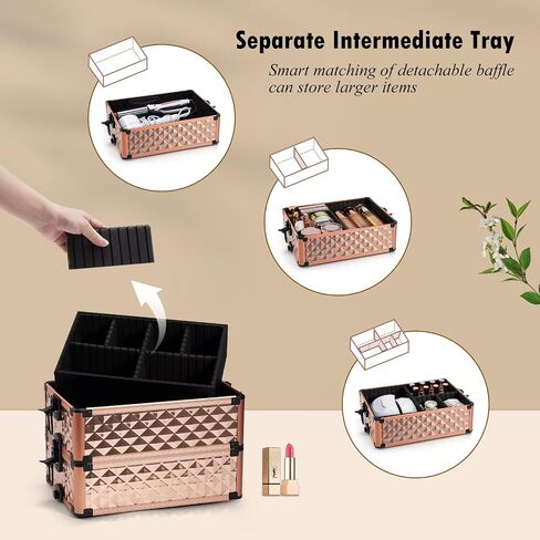 Adazzo 4 in 1 Rolling Makeup Case Cosmetic Train Case Trolley Roll Travel Box for Makeup Artist, Hairstylists, Nail Tech Makeup Cart with Key Swivel Wheels Barber Case Traveling Trunk Black in Saudi Arabia