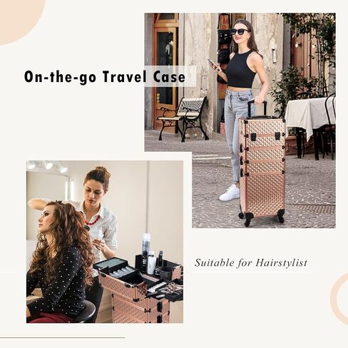 Adazzo 4 in 1 Rolling Makeup Case Cosmetic Train Case Trolley Roll Travel Box for Makeup Artist, Hairstylists, Nail Tech Makeup Cart with Key Swivel Wheels Barber Case Traveling Trunk Black in Saudi Arabia
