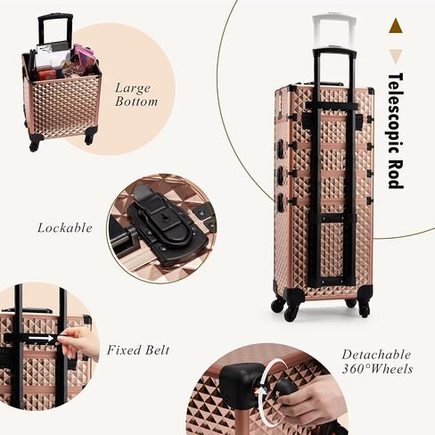 Adazzo 4 in 1 Rolling Makeup Case Cosmetic Train Case Trolley Roll Travel Box for Makeup Artist, Hairstylists, Nail Tech Makeup Cart with Key Swivel Wheels Barber Case Traveling Trunk Black in Saudi Arabia