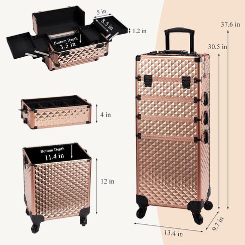 Adazzo 4 in 1 Rolling Makeup Case Cosmetic Train Case Trolley Roll Travel Box for Makeup Artist, Hairstylists, Nail Tech Makeup Cart with Key Swivel Wheels Barber Case Traveling Trunk Black in Saudi Arabia