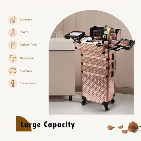 Adazzo 4 in 1 Rolling Makeup Case Cosmetic Train Case Trolley Roll Travel Box for Makeup Artist, Hairstylists, Nail Tech Makeup Cart with Key Swivel Wheels Barber Case Traveling Trunk Black in Saudi Arabia
