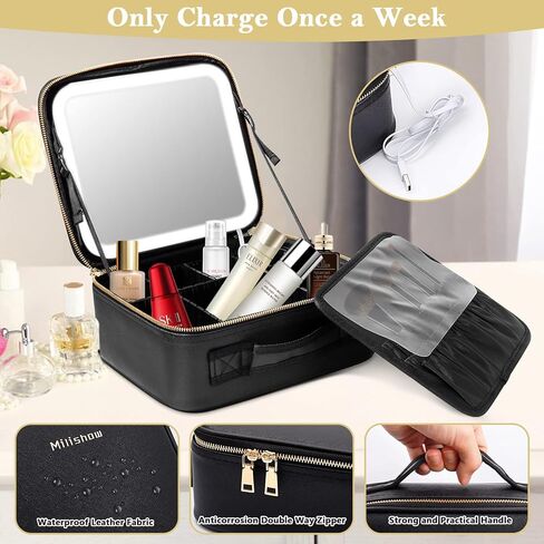 حقيبة مكياج ميليشو مع مرآة 3 ألوان إضاءة للسفر وحقيبة مكياج لتنظيم مستحضرات التجميل وحقيبة تخزين المكياج المحمولة مع منظم تخزين فرش المكياج - أسود in Kuwait