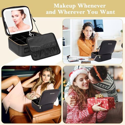 حقيبة مكياج ميليشو مع مرآة 3 ألوان إضاءة للسفر وحقيبة مكياج لتنظيم مستحضرات التجميل وحقيبة تخزين المكياج المحمولة مع منظم تخزين فرش المكياج - أسود in Kuwait