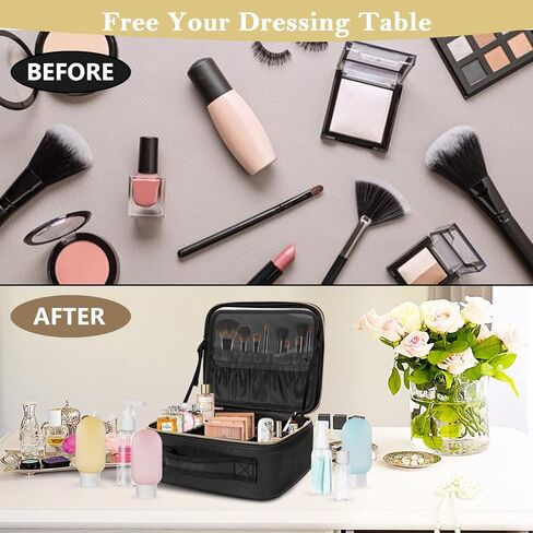 حقيبة مكياج ميليشو مع مرآة 3 ألوان إضاءة للسفر وحقيبة مكياج لتنظيم مستحضرات التجميل وحقيبة تخزين المكياج المحمولة مع منظم تخزين فرش المكياج - أسود in Kuwait