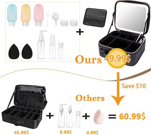 حقيبة مكياج ميليشو مع مرآة 3 ألوان إضاءة للسفر وحقيبة مكياج لتنظيم مستحضرات التجميل وحقيبة تخزين المكياج المحمولة مع منظم تخزين فرش المكياج - أسود in Kuwait