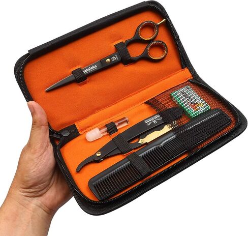 Metaleks Hair Cutting Scissors - Personal Barber Hair Scissors Set - Stainless Steel - Includes Cutting Shear, Razor, 5 Blades, 2 Combs, Oil Bottle, In Gift Case in Saudi Arabia