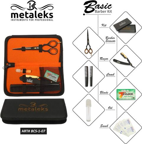 Metaleks Hair Cutting Scissors - Personal Barber Hair Scissors Set - Stainless Steel - Includes Cutting Shear, Razor, 5 Blades, 2 Combs, Oil Bottle, In Gift Case in Saudi Arabia