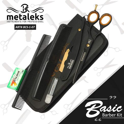 Metaleks Hair Cutting Scissors - Personal Barber Hair Scissors Set - Stainless Steel - Includes Cutting Shear, Razor, 5 Blades, 2 Combs, Oil Bottle, In Gift Case in Saudi Arabia