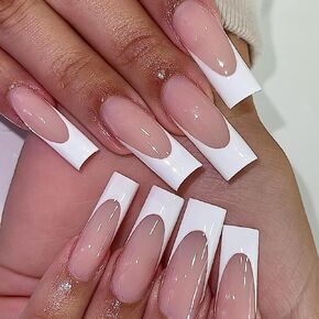 24 Pcs Press on Nails Long Square Fake Nails with White French Tip Designs False Nails Nude Acrylic Nails Artificial French Full Cover Stick on Nails for Women and Girls