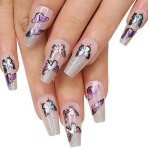 Kikmoya Black Press on Nails Almond Medium Length Stiletto Fake Nails Tips with Butterfly Design 24pcs Acrylic Glossy Artificial False Nails with Gray Rhinestones Stick on Nails for Women (3d Black) in Saudi Arabia