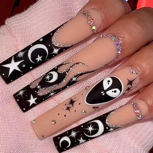 Long Square French Tip Press on Nails with Diamond Cherry Bow Pearl Design Fake Nails Convenient Wear Glossy Pink Acrylic Nails Very Long Artificial Nail False White Nail Tips for Women Girls, 24Pcs in Saudi Arabia