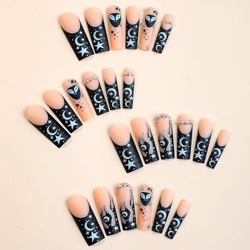 Long Square French Tip Press on Nails with Diamond Cherry Bow Pearl Design Fake Nails Convenient Wear Glossy Pink Acrylic Nails Very Long Artificial Nail False White Nail Tips for Women Girls, 24Pcs in Saudi Arabia