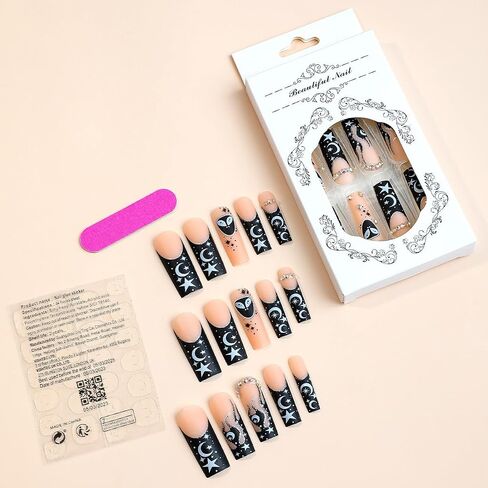 Long Square French Tip Press on Nails with Diamond Cherry Bow Pearl Design Fake Nails Convenient Wear Glossy Pink Acrylic Nails Very Long Artificial Nail False White Nail Tips for Women Girls, 24Pcs in Saudi Arabia