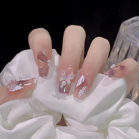 Press on Nails with Designs Medium Length, Coffin Shape Full Cover Reusable False Nails with Glue, Stick on Nails with Big Rhinestone, Artificial Acrylic Fake Nails for Women, Glue on Nails Square in Saudi Arabia