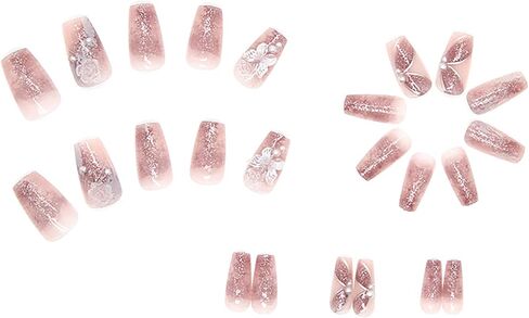 Press on Nails with Designs Medium Length, Coffin Shape Full Cover Reusable False Nails with Glue, Stick on Nails with Big Rhinestone, Artificial Acrylic Fake Nails for Women, Glue on Nails Square in Saudi Arabia