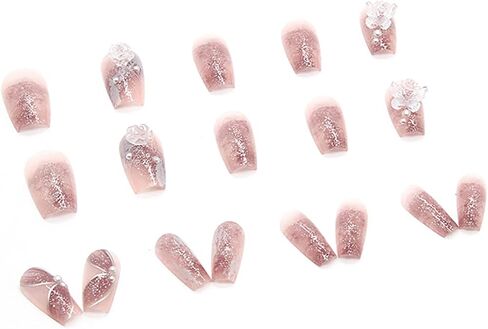 Press on Nails with Designs Medium Length, Coffin Shape Full Cover Reusable False Nails with Glue, Stick on Nails with Big Rhinestone, Artificial Acrylic Fake Nails for Women, Glue on Nails Square in Saudi Arabia