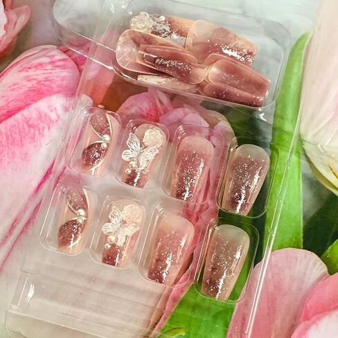 Press on Nails with Designs Medium Length, Coffin Shape Full Cover Reusable False Nails with Glue, Stick on Nails with Big Rhinestone, Artificial Acrylic Fake Nails for Women, Glue on Nails Square in Saudi Arabia