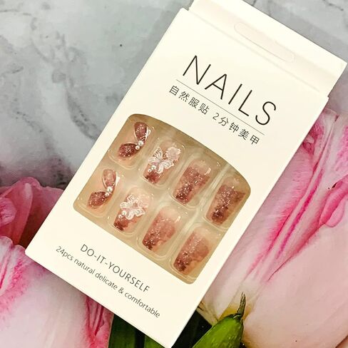 Press on Nails with Designs Medium Length, Coffin Shape Full Cover Reusable False Nails with Glue, Stick on Nails with Big Rhinestone, Artificial Acrylic Fake Nails for Women, Glue on Nails Square in Saudi Arabia