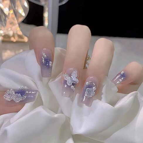 Press on Nails with Designs Medium Length, Coffin Shape Full Cover Reusable False Nails with Glue, Stick on Nails with Big Rhinestone, Artificial Acrylic Fake Nails for Women, Glue on Nails Square in Saudi Arabia
