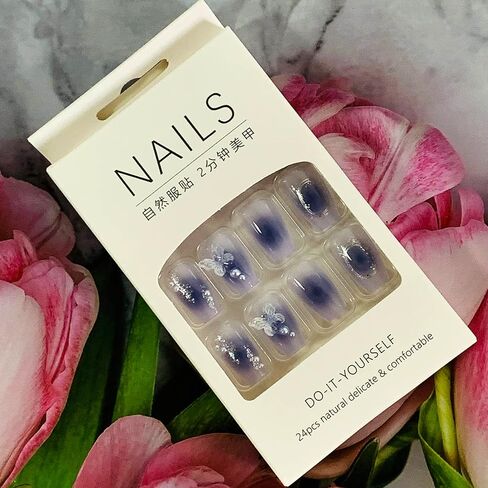 Press on Nails with Designs Medium Length, Coffin Shape Full Cover Reusable False Nails with Glue, Stick on Nails with Big Rhinestone, Artificial Acrylic Fake Nails for Women, Glue on Nails Square in Saudi Arabia