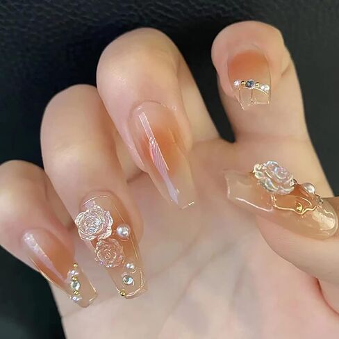 Press on Nails with Designs Medium Length, Coffin Shape Full Cover Reusable False Nails with Glue, Stick on Nails with Big Rhinestone, Artificial Acrylic Fake Nails for Women, Glue on Nails Square in Saudi Arabia