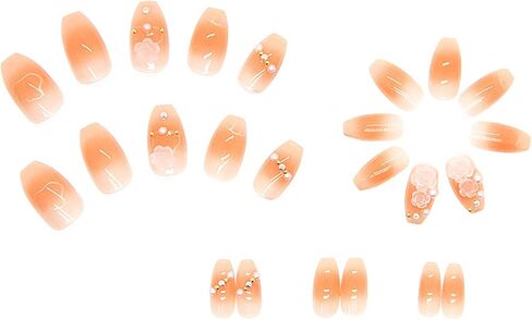 Press on Nails with Designs Medium Length, Coffin Shape Full Cover Reusable False Nails with Glue, Stick on Nails with Big Rhinestone, Artificial Acrylic Fake Nails for Women, Glue on Nails Square in Saudi Arabia